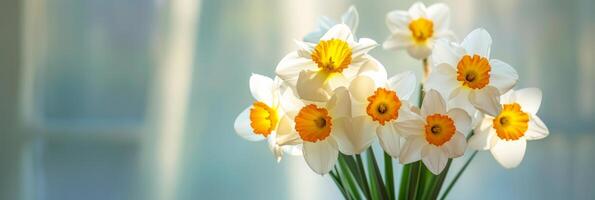 AI generated White-yellow daffodils arranged in a small vase against the backdrop of a hotel room photo