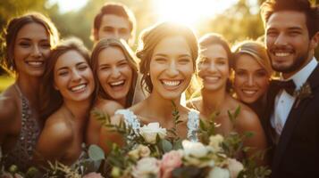 ai generado alegre Boda fiesta con novia y damas de honor foto