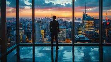 AI generated Businessman Overlooking Cityscape at Sunset photo