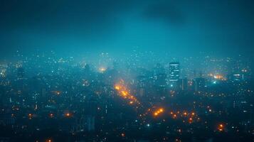 ai generado paisaje urbano con centelleo luces de la calle a noche foto