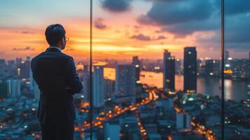 AI generated Businessman Overlooking Cityscape at Sunset photo