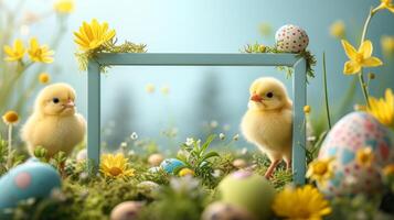 ai generado vistoso Pascua de Resurrección huevos y margarita flores en azul antecedentes foto