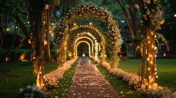 ai generado romántico Boda lugar de eventos con floral arcos y hada luces foto