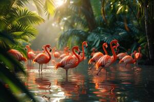 ai generado un grupo de flamencos congrega en un lozano, tropical laguna, un Estallar de rosado en contra verdor foto