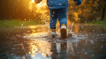 ai generado alegre niño salpicaduras en charco a puesta de sol foto