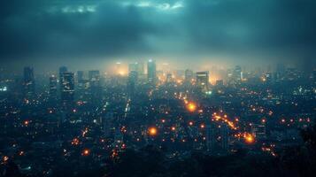 ai generado paisaje urbano con centelleo luces de la calle a noche foto