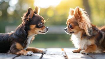 ai generado juguetón chihuahua y Papillon perros en de madera cubierta foto