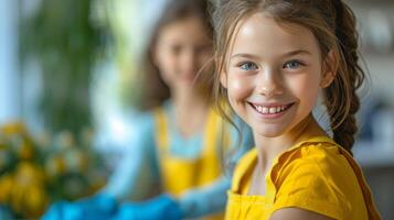 AI generated Joyful Family Doing House Chores Together photo