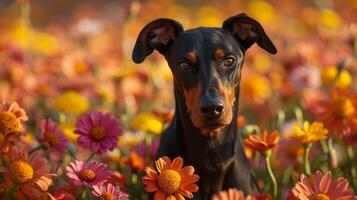 ai generado caballero pinscher entre vibrante flores foto