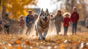 AI generated Joyful Husky Dog Leading Playful Children in Snow photo