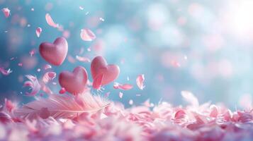 AI generated A surreal background with floating hearts and feathers, capturing the whimsy of love photo