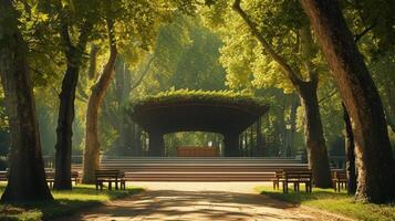 ai generado un elegante etapa posicionado en un tranquilo parque, enmarcado por antiguo arboles foto