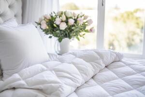 AI generated Elegant White Duvet on Bed with Fresh Flowers photo