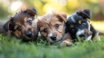 AI generated A trio of mixed-breed pups rolling in the grass, embodying youthful exuberance photo