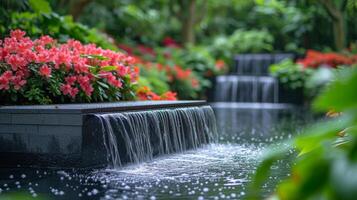 ai generado tranquilo jardín fuente con cascada agua foto