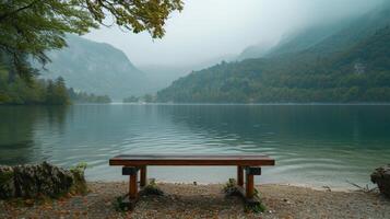 AI generated An unadorned wooden lectern, perfectly aligned with a serene lakeside landscape photo