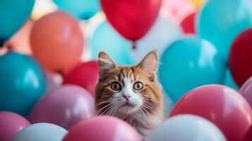 ai generado gato en medio de rojo y blanco globos foto