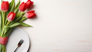 AI generated Spring Tulips and Tableware on Wooden Surface photo