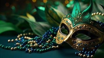AI generated Elegant Golden Mardi Gras Mask with Green Beads and Feathers photo