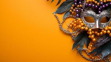 AI generated Golden Masquerade Masks and Tropical Leaves on Orange Background photo