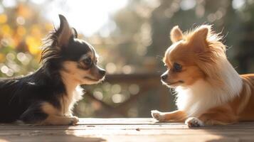 AI generated Playful Chihuahua and Papillon Dogs on Wooden Deck photo