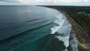 antenne visie van oceaan kustlijn met golven in bewolkt dag Aan fuvahmulah eiland video