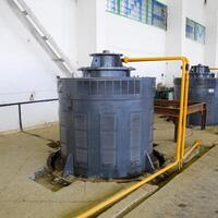 Russia, Krasnodar - 2018, May 11. Engines of water pumps at a water pumping station. Pumping irrig photo