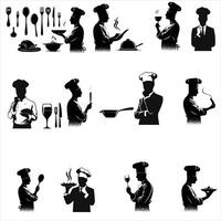 Printchef silhouette , chef poses silhouette , chef standing silhouette , cooking silhouette , food silhouette , chef character silhouette , kitchen silhouette vector