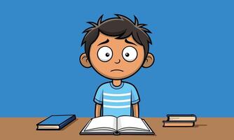 triste confuso cara expresión chico preocupado pensar acerca de examen prueba en estudiar mesa, niño sufrimiento desde aburrido hogar trabajo chico dibujos animados vector personaje vector dificultad en leyendo un libro trastorno concepto