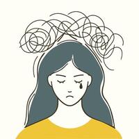 young headache stressed sad women crying scribbles above around her head silhouette modern simple character vector illustration eye drop closed eye girl unhappy anxiety profile disorder cartoon fail
