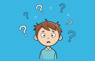 young little confused stressed boy thinking cartoon character flat vector question mark above his head blue background sad face expression study math problem solving, struggle decision making kid idea