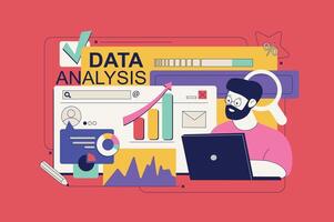 datos análisis concepto en plano neo brutalismo diseño para web. hombre investigando estadística diagramas o gráficos, buscando información en línea. vector ilustración para social medios de comunicación bandera, márketing material.