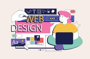 Web development concept in flat neo brutalism design. Woman creating homepage interface with placing content and buttons on mockup. Vector illustration for social media banner, marketing material.