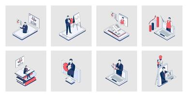 Business training concept of isometric icons in 3d isometry design for web. Professional conference for skills development, job coaching and consulting lectures, video seminars. Vector illustration