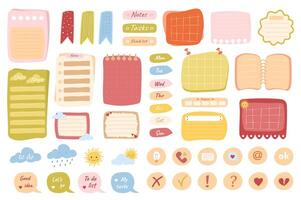 Cute sticky notes mega set in flat design. Bundle elements of stickers, paper notes, list, decorative emoticons, templates for week and daily planners. Vector illustration isolated graphic objects