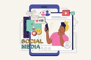 Social networking concept in flat neo brutalism design for web. Woman browsing and chatting in app, reacting with emoji on new posts. Vector illustration for social media banner, marketing material.