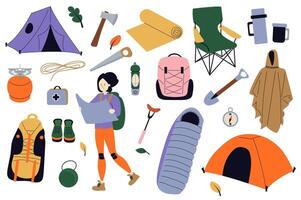 Camping mega set in flat design. Bundle elements of tent, axe, mat, thermos, woman tourist with map, travel backpack, hiking boots, sleeping bag, other. Vector illustration isolated graphic objects