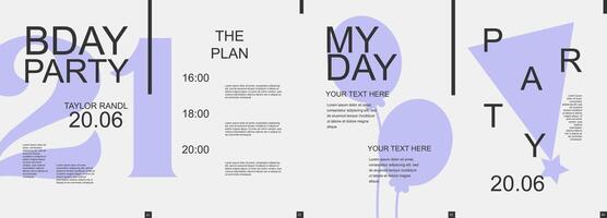 Birthday modern banner with trendy minimalist typography design. Poster templates with plan, numbers, balloons and festive hat and text elements on dark backdrop for invitation. Vector illustration.