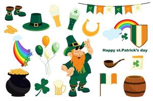 Patrick day mega set in flat design. Bundle elements of green clover, boots, hat, rainbow, gold coins cauldron, leprechaun, beer mugs, garlands, other. Vector illustration isolated graphic objects