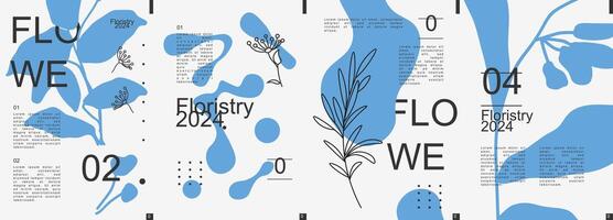 Floral modern banner with trendy minimalistic typography design. Poster templates with leaves and twigs silhouettes, abstract geometric shapes and liquid forms, text elements. Vector illustration.