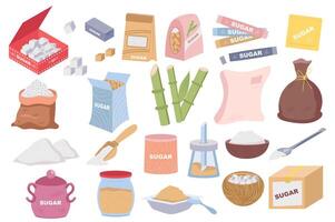 Sugar mega set in flat design. Bundle elements of cubes in box, sweet sand in packages, brown cane granulated product, sugarcane, scoops and bowls, other. Vector illustration isolated graphic objects