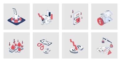 Unemployment and crisis concept of isometric icons in 3d isometry design for web. Financial problems and job loss, poverty and jobless, global economic recession with arrow down. Vector illustration