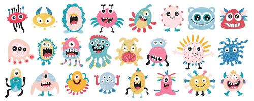 Cute monsters mega set in flat design. Bundle elements of colourful funny creatures with teeth, eyes and faces expressing playful and joyful emotions. Vector illustration isolated graphic objects