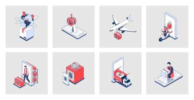 Delivery concept of isometric icons in 3d isometry design for web. Global logistic, truck transportation and air shipment, sending parcels with courier, post warehouse storage. Vector illustration