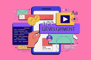 App development concept in flat neo brutalism design for web. Application programming and software user interface creation process. Vector illustration for social media banner, marketing material.