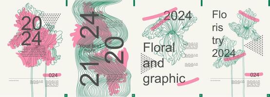 Floral modern banner with trendy minimalist typography design. Poster templates with blooming iris graphic silhouettes, abstract geometric line grids with waves, text elements. Vector illustration.