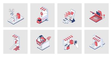 Online shopping concept of isometric icons in 3d isometry design for web. E-commerce and ordering at store webpage, internet commerce with payment, purchasing at sales in app. Vector illustration