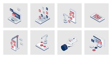 App development concept of isometric icons in 3d isometry design for web. Applications programming process with interface layout creation, settings and optimization for phones. Vector illustration