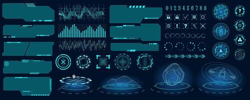 Futuristic user interface mega set in flat design. Bundle elements of gui element dashboard, ui screens templates with buttons, virtual reality holograms. Vector illustration isolated graphic objects