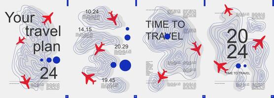 Travel modern banner with trendy minimalist typography design. Poster templates with flying airplanes with abstract graphic shapes and text elements for vacation and travelling. Vector illustration.